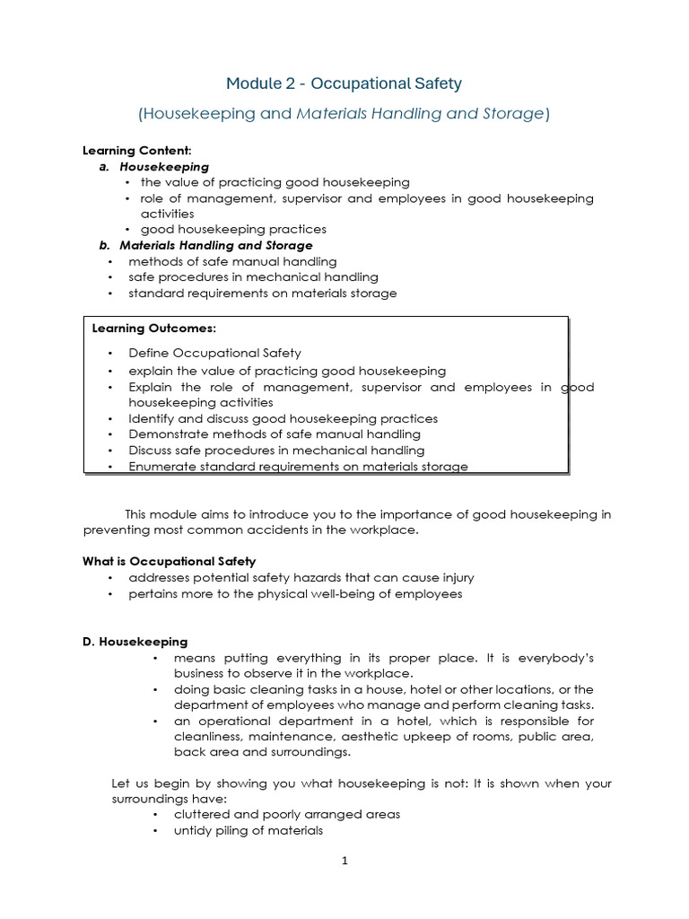 Module 2 - Housekeeping and Materials Handling and Storage | PDF ...