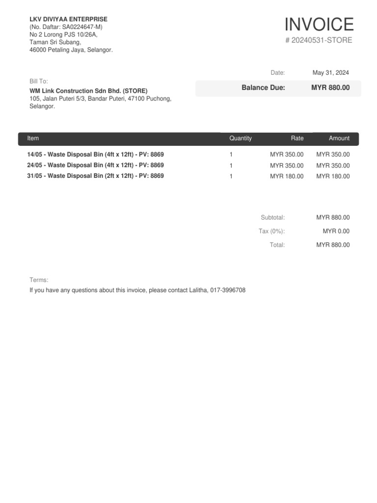 Invoice for Waste Disposal Services | PDF