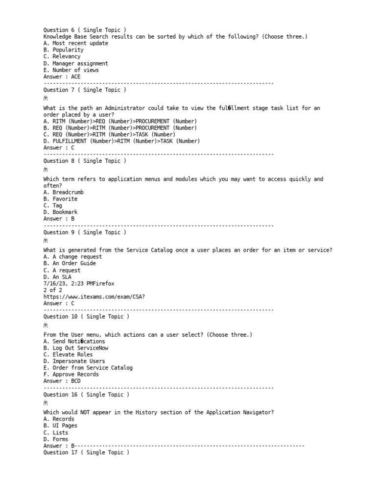 ServiceNow CSA Quiz Insights | PDF | Databases | Menu (Computing)