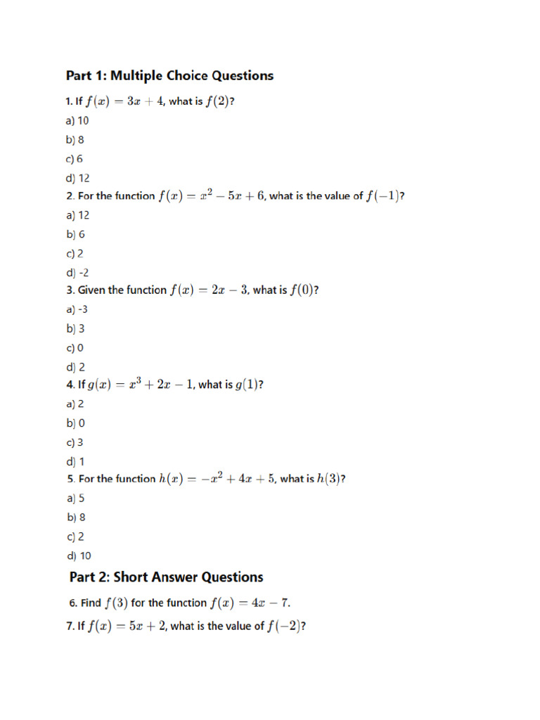 Evaluating Functions Test Pdf