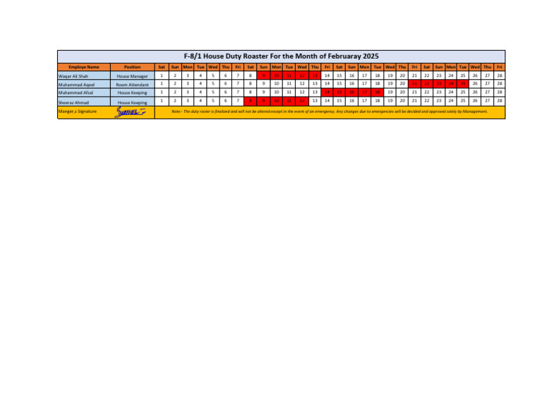 February 2025 Duty Roster F-8/1 | PDF