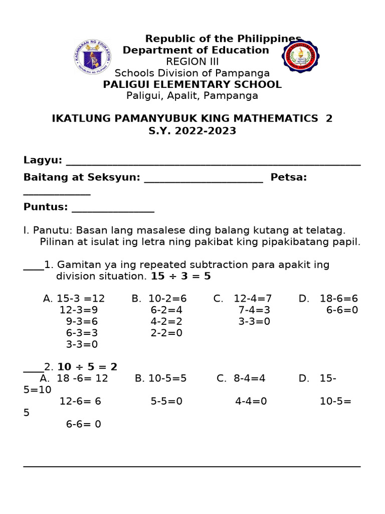 3rd Periodical Exam Math 2 2022 2023 1 Pdf