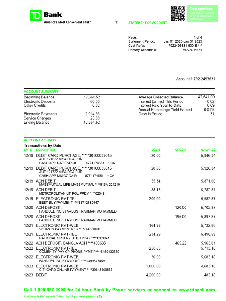 TD Bank Account Statement Summary | PDF | Credit Card | Debit Card