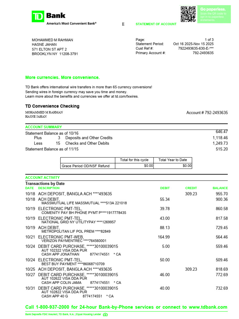TD Bank Account Statement Summary | PDF | Credit Card | Debit Card