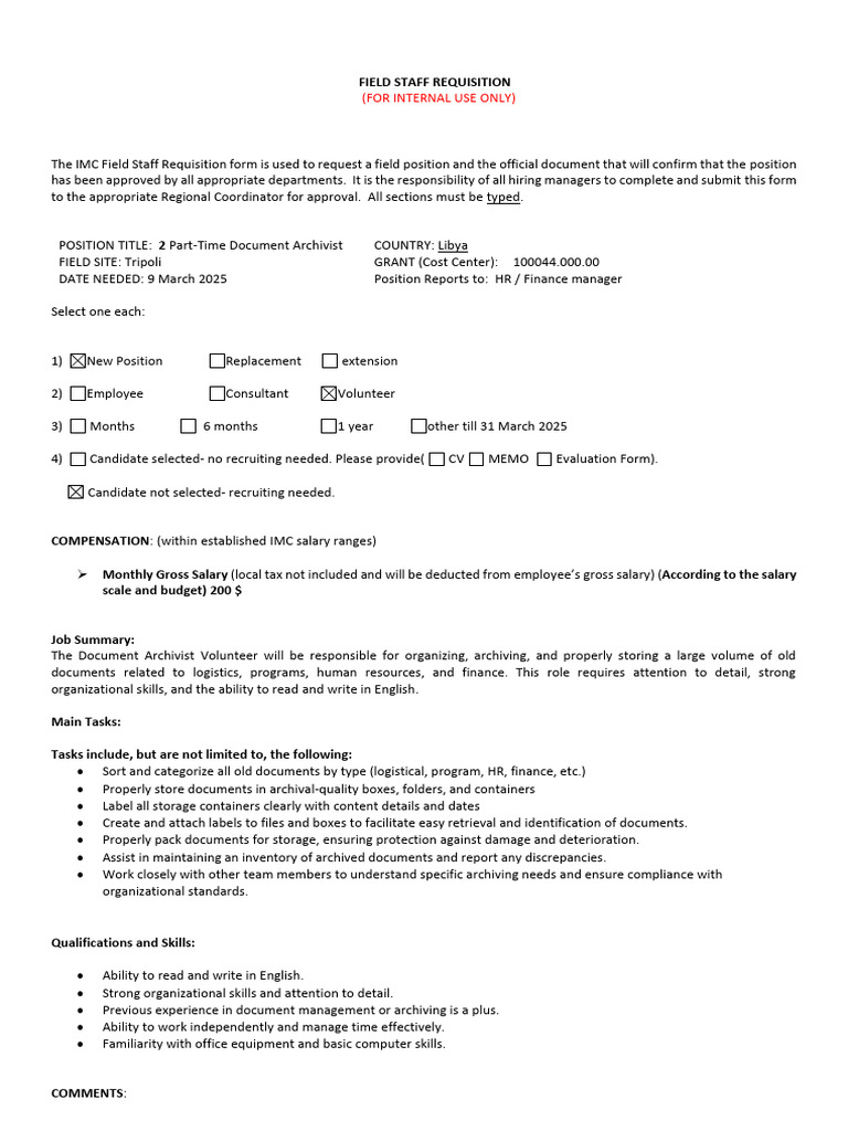 FSR Part Time Document Archivist Volunteer Tripoli | PDF | Business