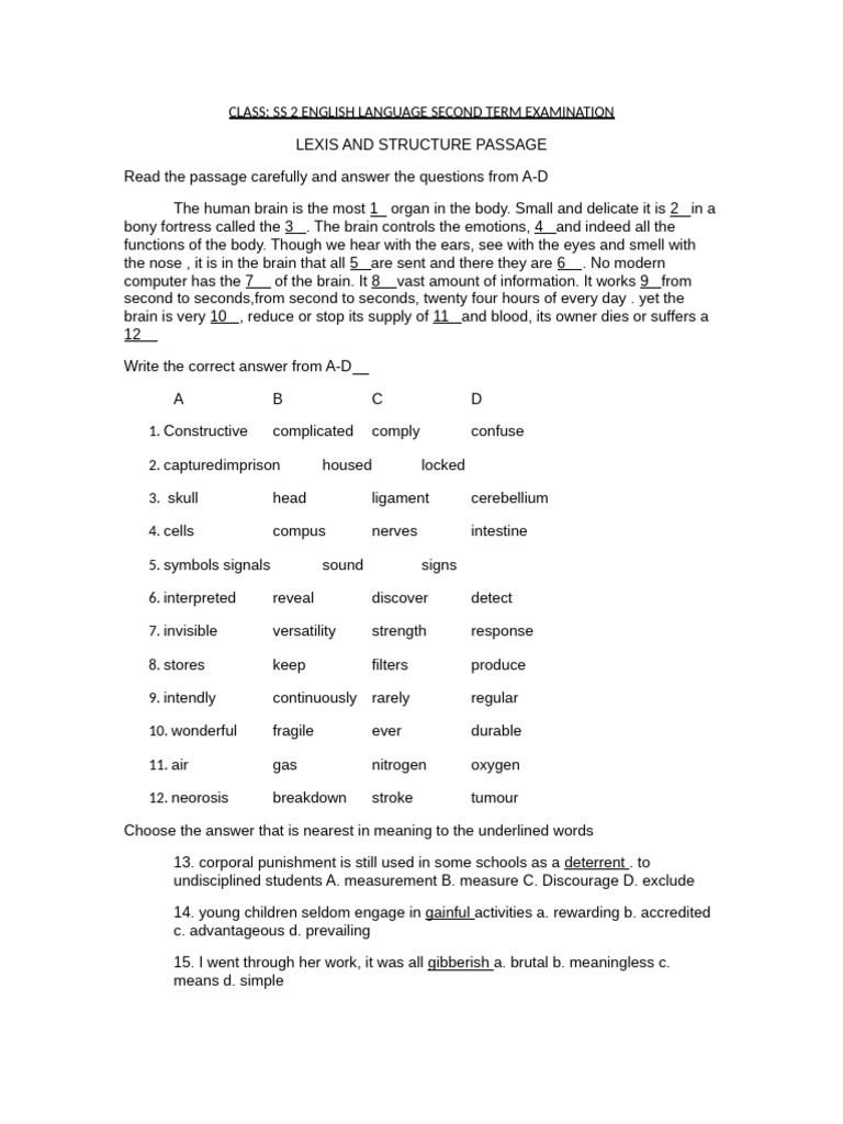 SS2 English Language Exam Questions | PDF | Unemployment | Brain