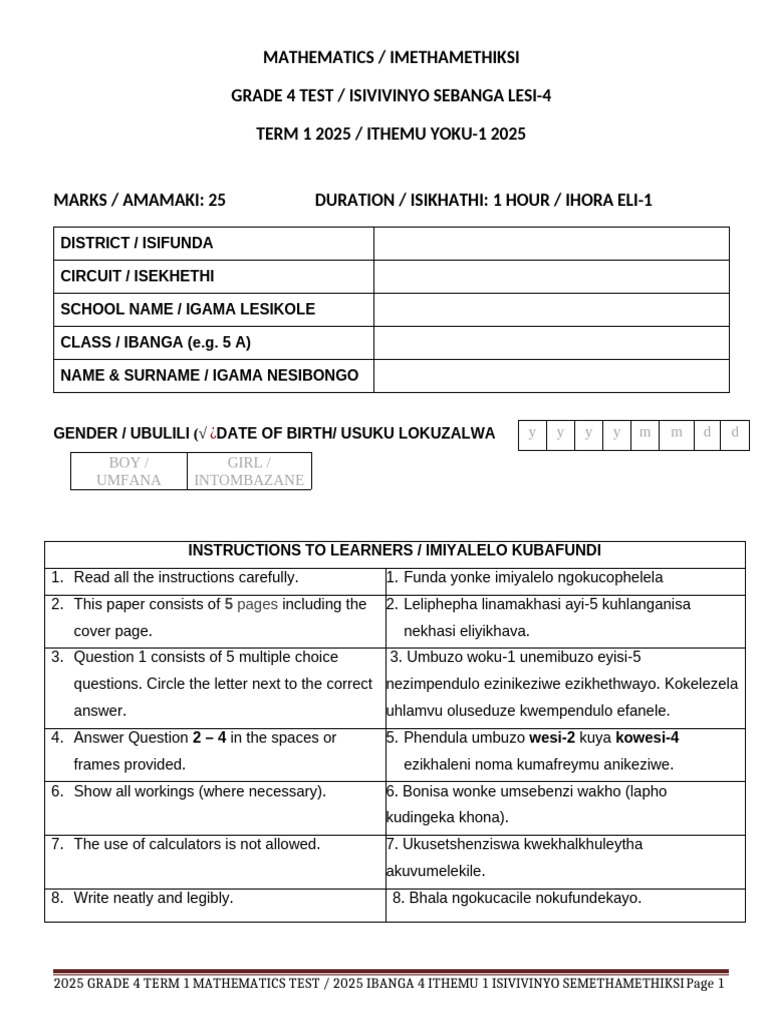 Grade 4 Mathematics Test Term 1 2025 - Isizulu - 080619 | PDF | Mathematics