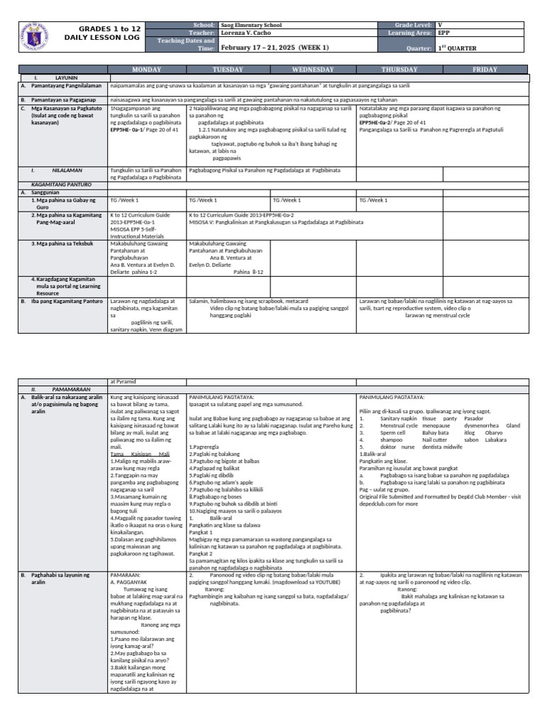 DLL - Epp 5 - Q1 - W1 | PDF