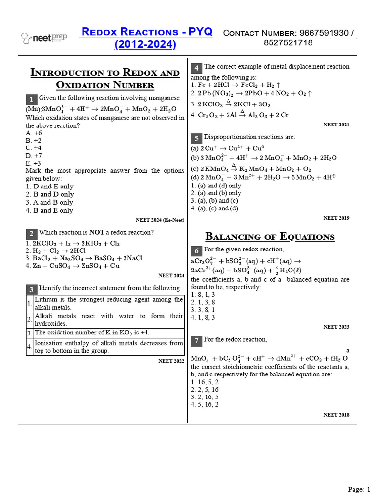 Redox Reactions Neet Exam Insights Pdf Redox Chlorine
