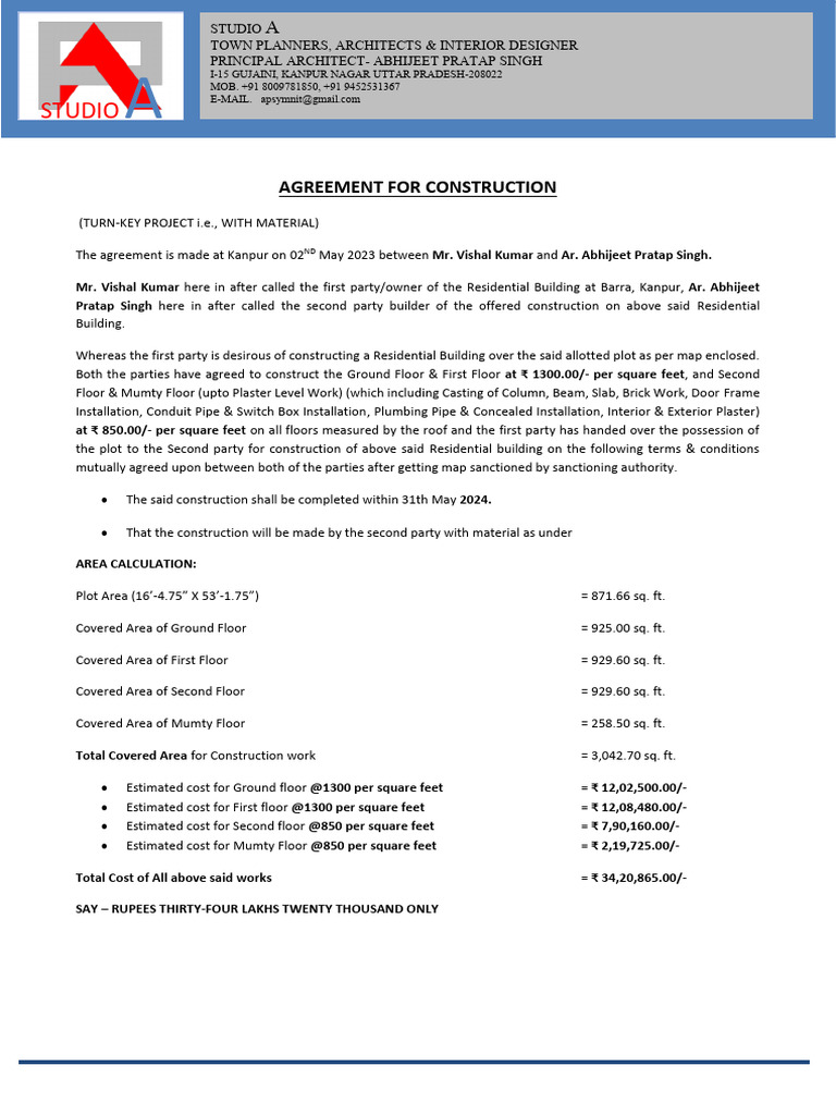 Construction Agreement for Residential Building | PDF | Door | Concrete
