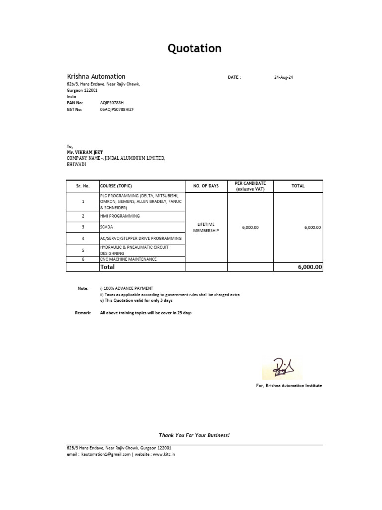 Vikram Jeet Jindal Automation Package Quotation | PDF