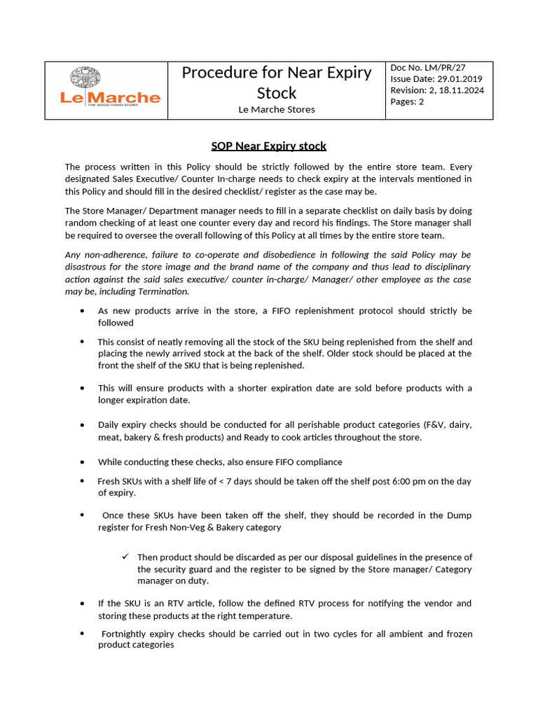 Near Expiry Stock Management Procedure | PDF | Food Industry