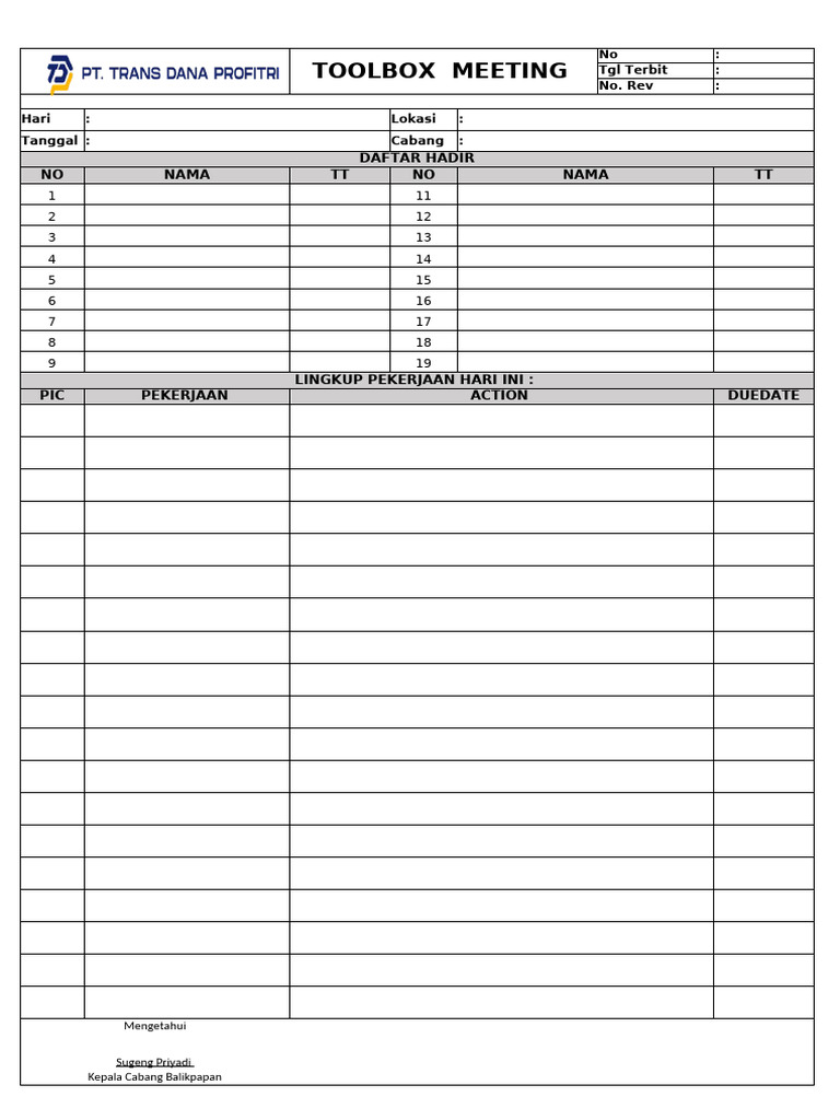 Formulir Toolbox Meeting | PDF