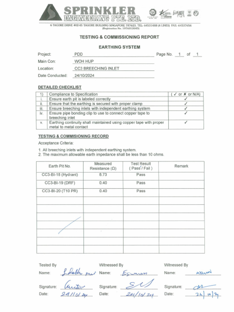 CC3-10 Earthing System T&C Record | PDF