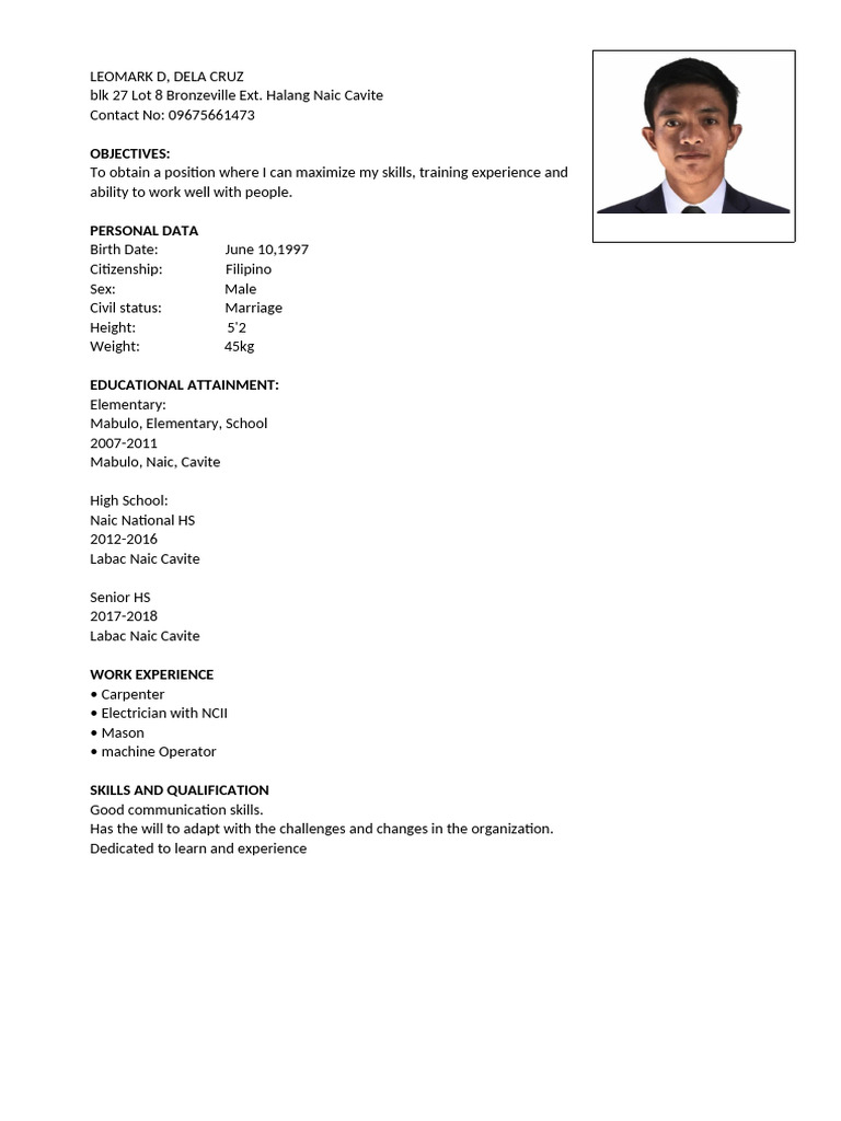 Skilled Tradesman Resume: Leomark D. | PDF