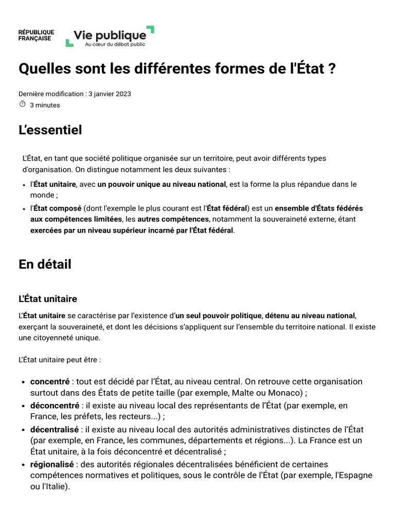Les formes de l'État : unitaire et fédéral | PDF | Fédéralisme | Fédération