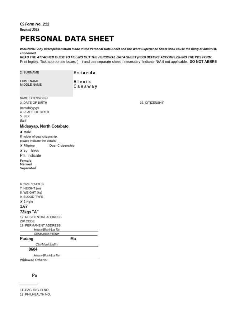 Personal Data Sheet Cs Form No 212 Revised 2018 | PDF | Government