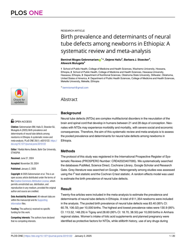 Birth Prevalence and Determinants of Neural Tube D | PDF | Systematic ...