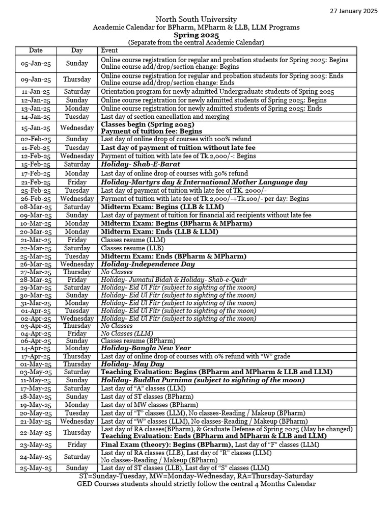 Academic Calendar For Bpharm Mpharm and LLB, LLM 27012025 | PDF ...