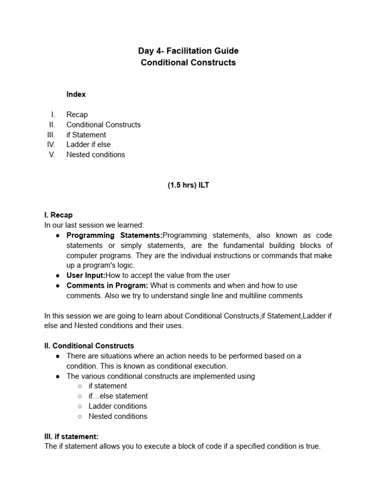 Day4-Facilitation Guide (Conditional Constructs) | PDF | Computer ...