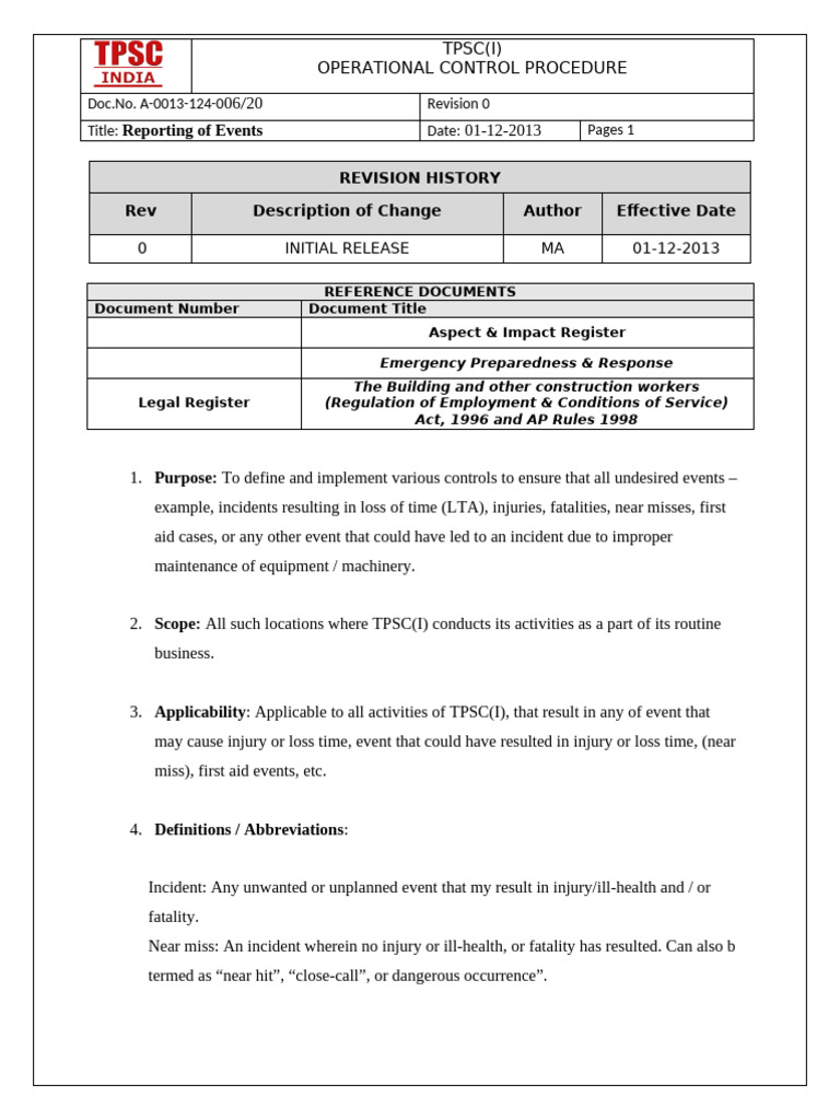 Procedure For Reporting Events - 20 | PDF | Safety | Emergency