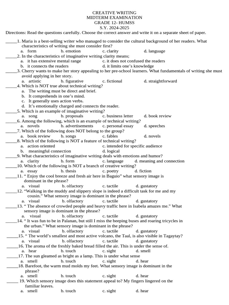 Grade 12 Creative Writing Exam Guide | PDF | Poetry