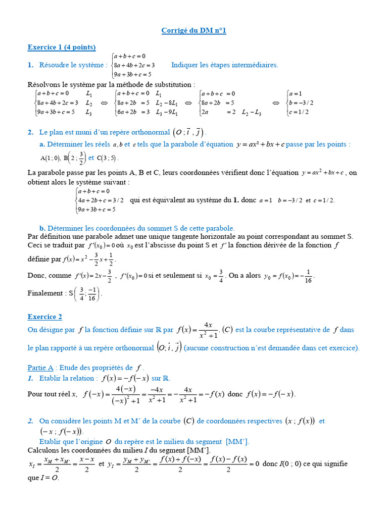 DM N°1 Fonctions Corrigé | PDF | Objets mathématiques | Analyse ...