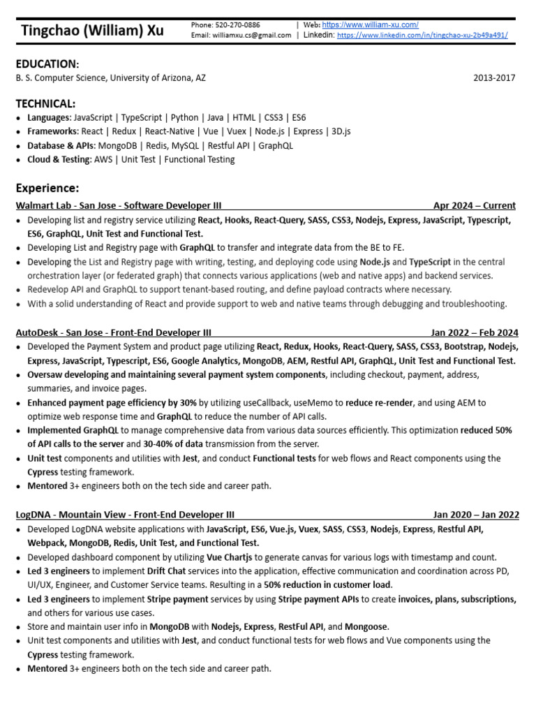 TingchaoXu Resume 2024 | PDF | Java Script | Computing