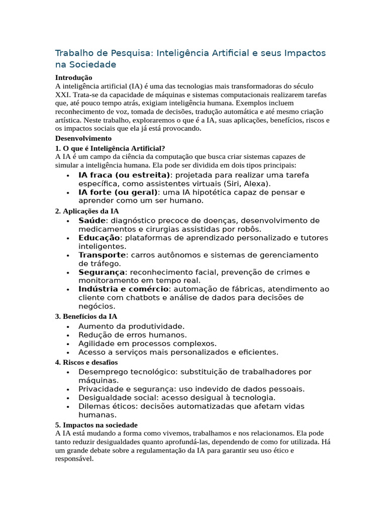 Impactos da Inteligência Artificial na Sociedade | PDF | Inteligência ...