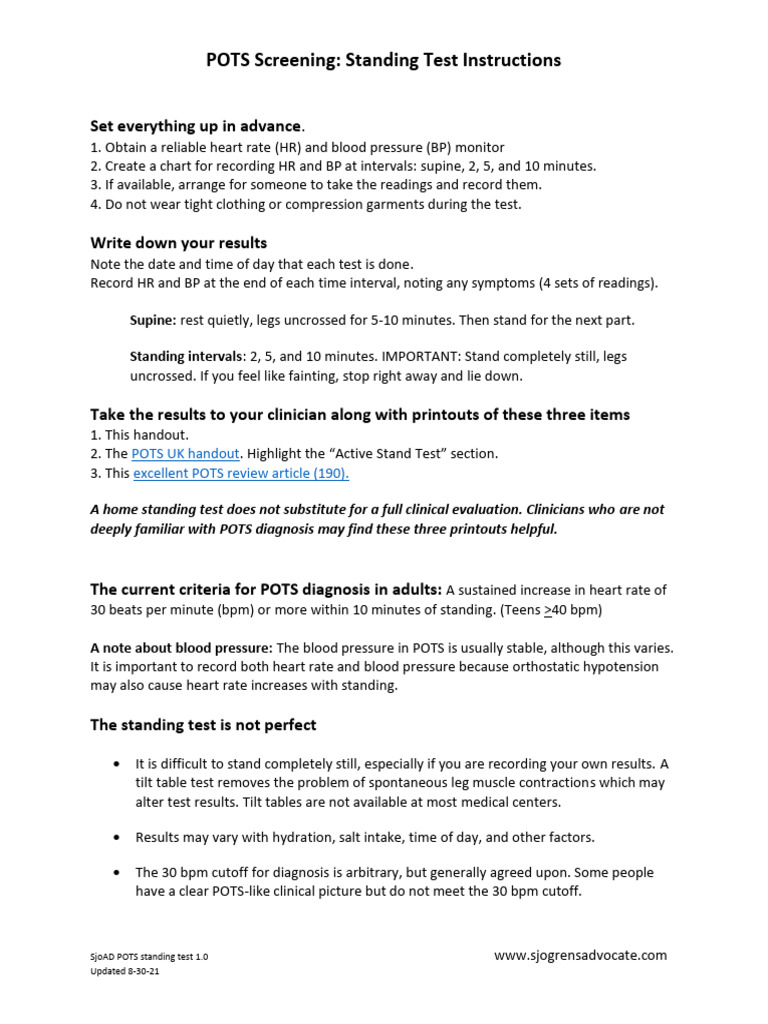 Active Stand Test Instructions for POTS | PDF