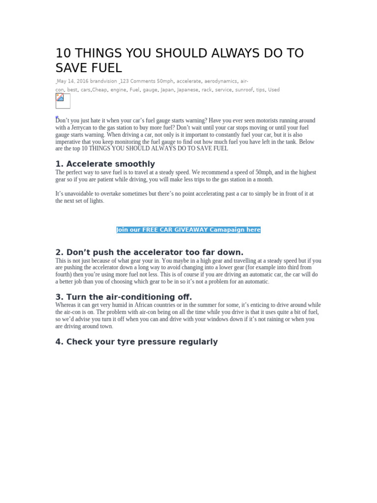 10 Essential Fuel Saving Tips | PDF | Car | Fuel Economy In Automobiles