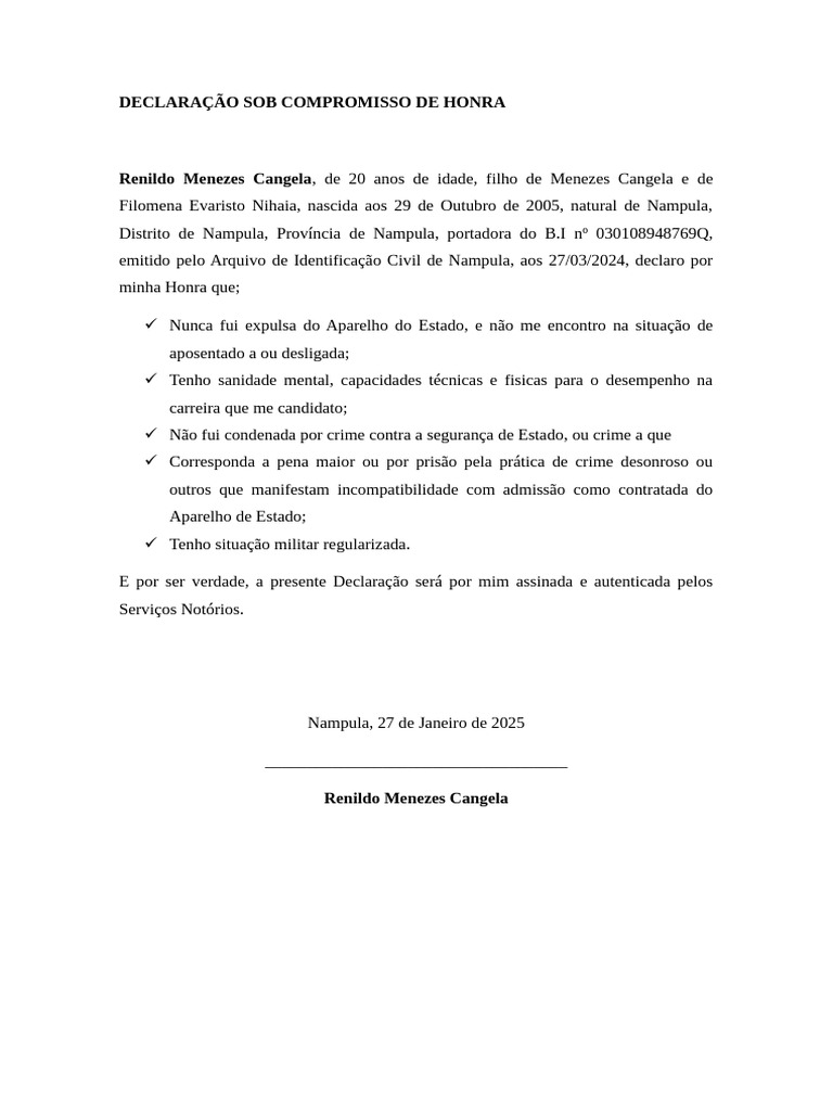 Declaração de Compromisso de Honra | PDF