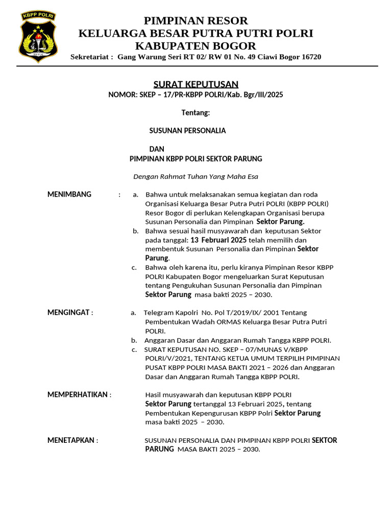 SK Pimpinan KBPP POLRI Sektor Parung | PDF