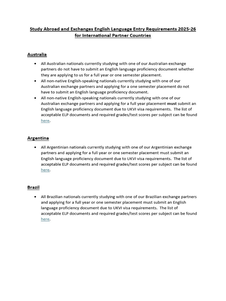 2025-26 Study Abroad English Requirements | PDF | Travel Visa ...