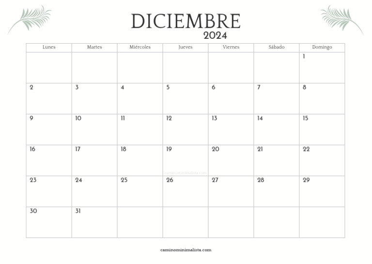 Calendario Diciembre 2024 para Imprimir | PDF