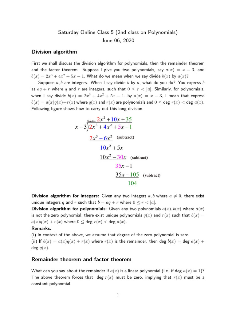 Sat Oc Polynomials Day2 | PDF | Polynomial | Algorithms