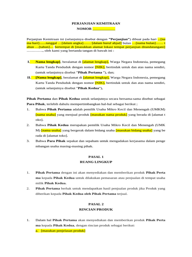 Contoh Perjanjian Kemitraan UMKM | PDF