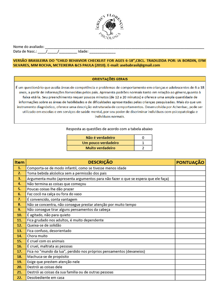 CBCL: Checklist Comportamental Infantil | PDF | Ciências comportamentais