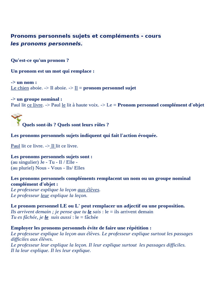 Pronoms personnels : sujets et compléments | PDF | Genre grammatical ...