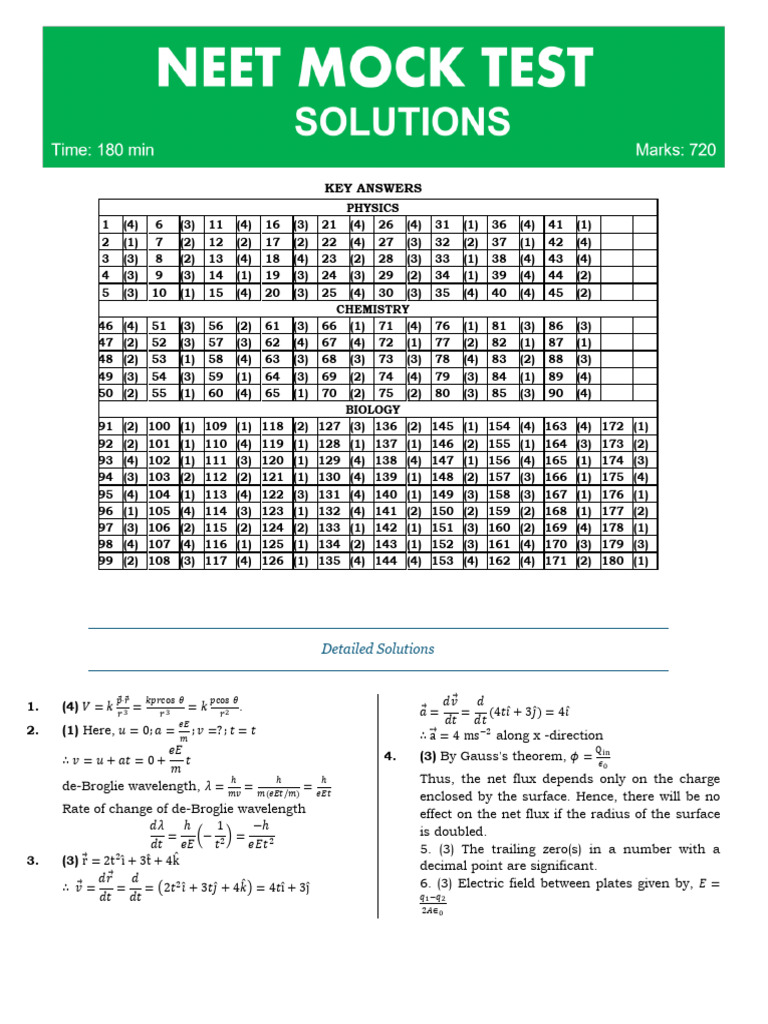 Neet - Mock Test - 1 - Solutions | PDF | Biology