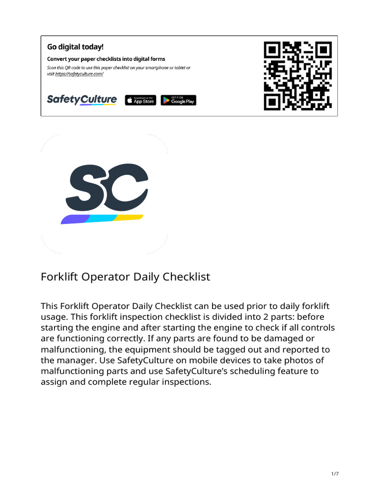 Forklift Operator Daily Inspection Checklist | PDF | Forklift ...