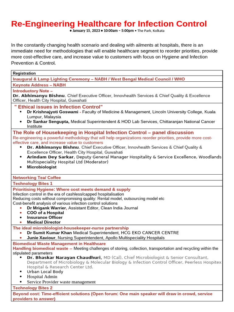 Re-Engineering Healthcare For Infection Control Conference Kolkata ...