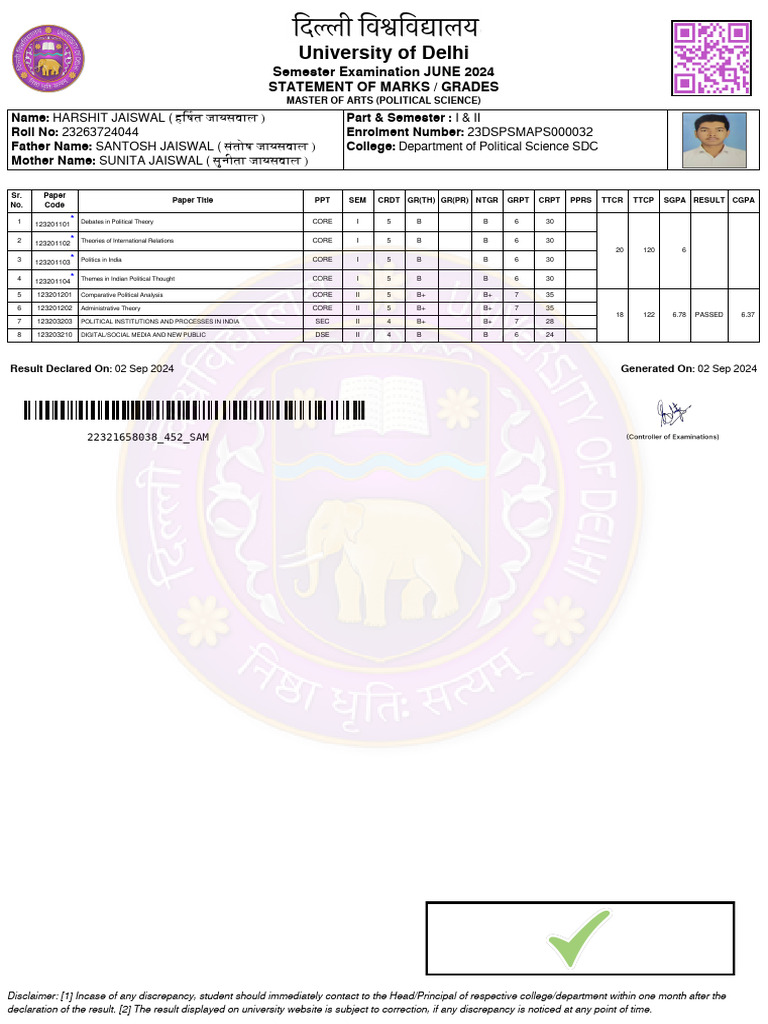 Marks Statement for Harshit Jaiswal | PDF | Academia | Higher Education
