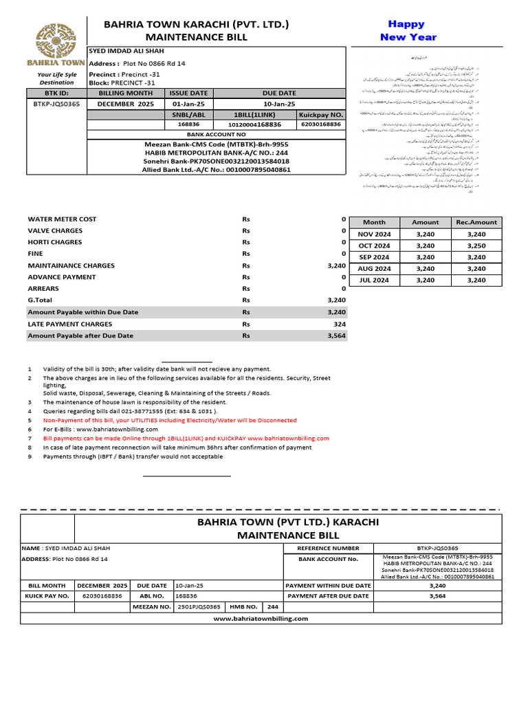 Bahria Town Karachi Maintenance Bill | PDF | Payments
