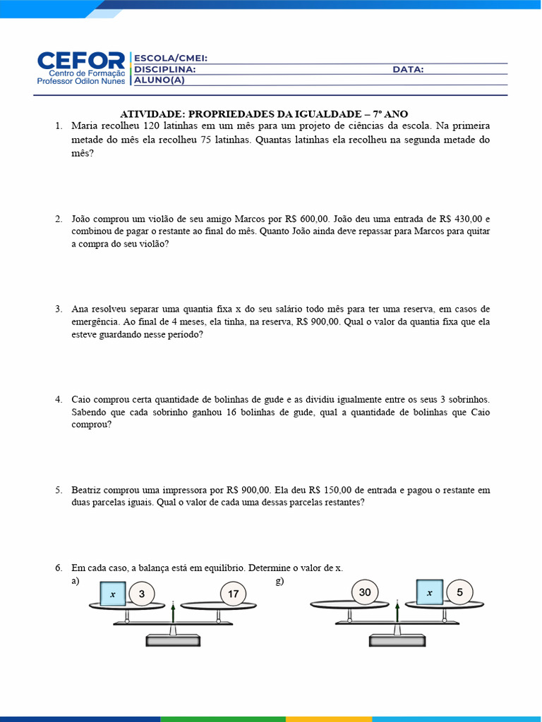 Atividades sobre Propriedades da Igualdade | PDF