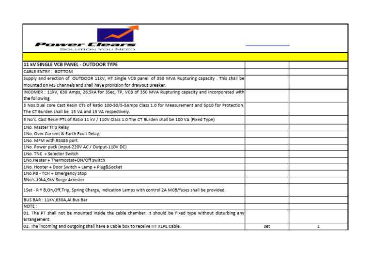 11kV Outdoor VCB Panel Specifications | PDF