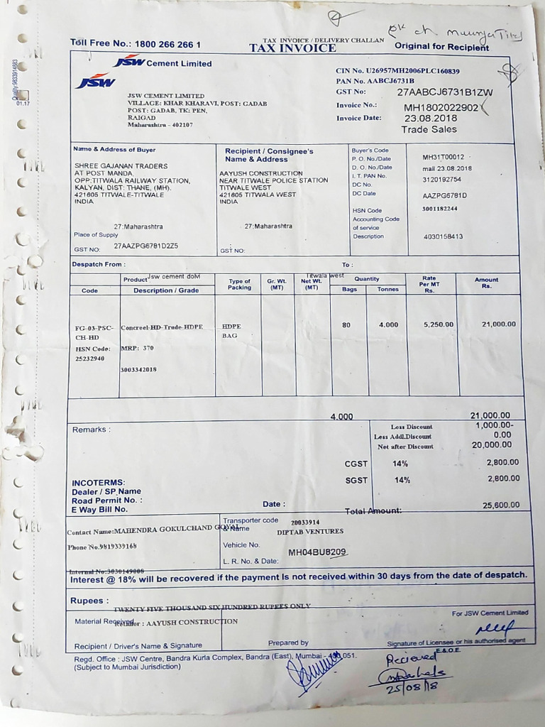 JSW Cement GST Number Details | PDF | Invoice | Economy Of India