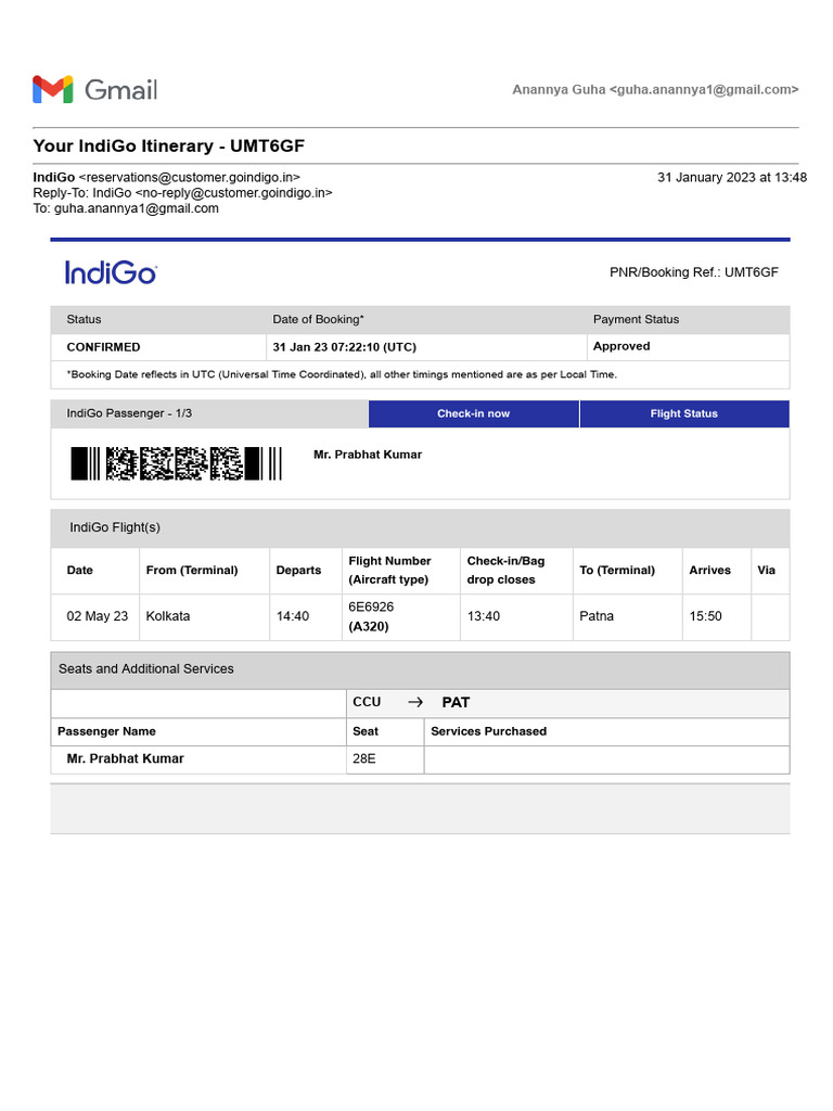 Your IndiGo Itinerary - UMT6GF | PDF | Airport