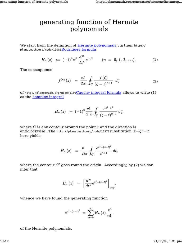 Generating Function of Hermite Polynomials | PDF | Numerical Analysis ...