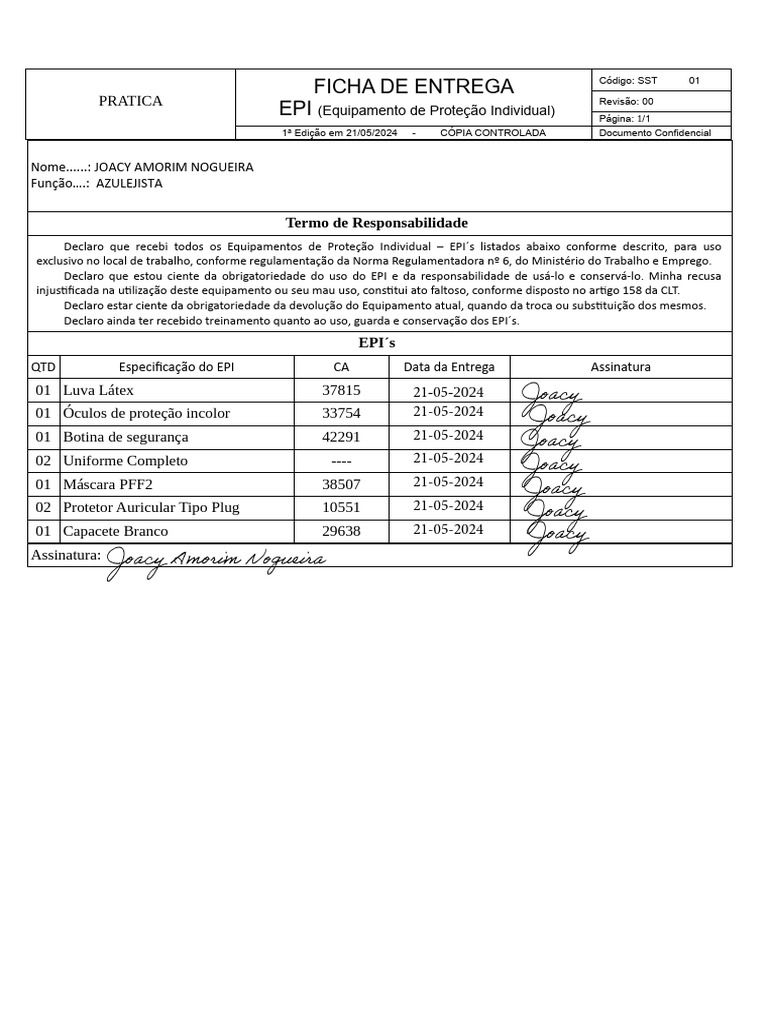 Ficha de Entrega de EPI para Azulejista | PDF